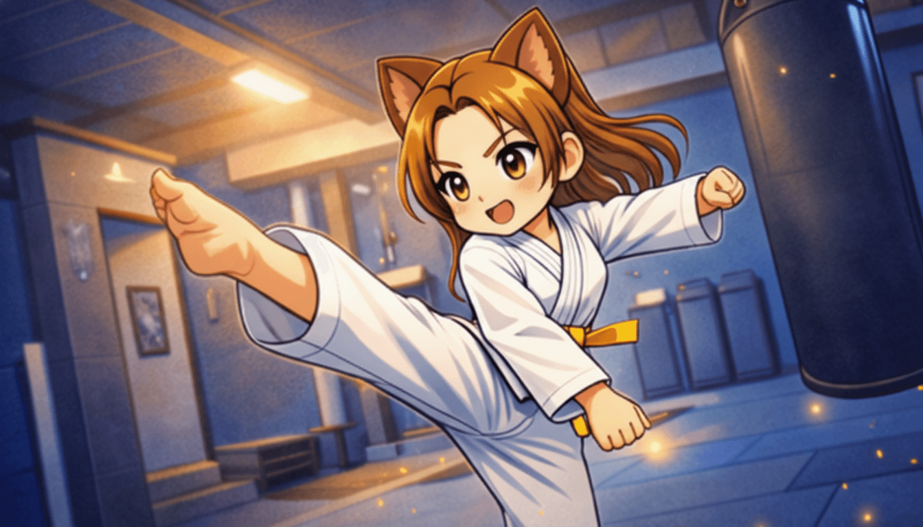 Ju executando o Ap Chagi (앞차기), o chute frontal do Taekwondo