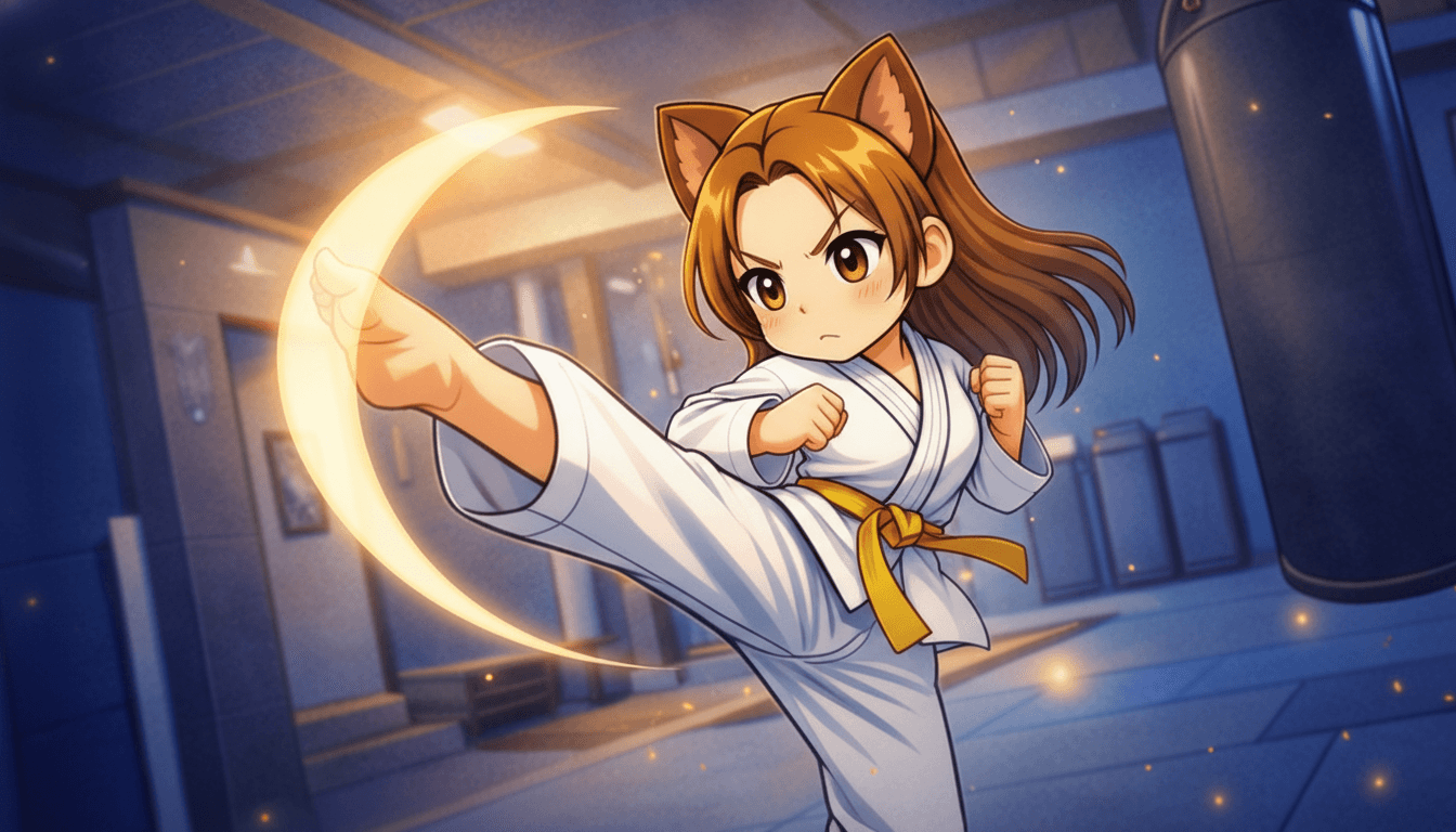 Ju executando um chute meia-lua (bandal chagi) com arco dourado no dojang