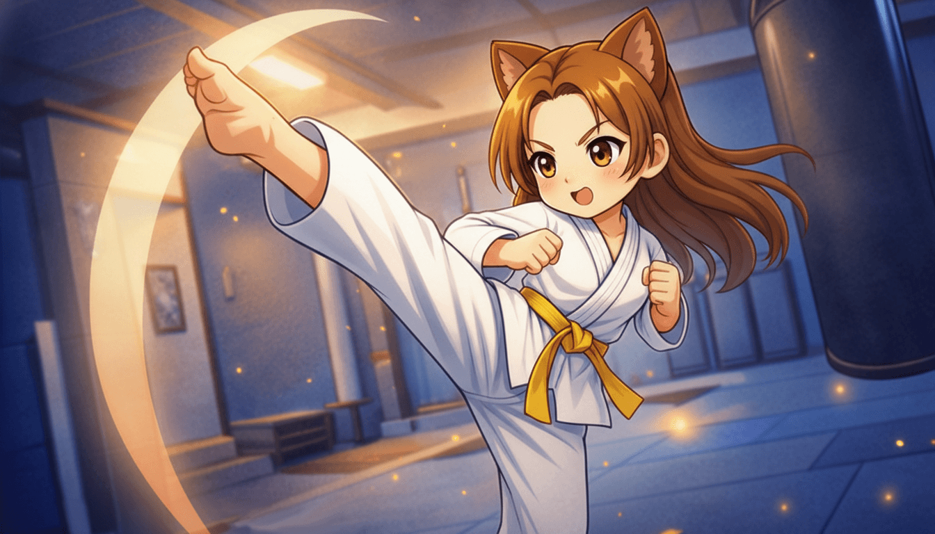 Ju executando um chute machado (naeryo chagi) com a perna acima da cabeça no dojang