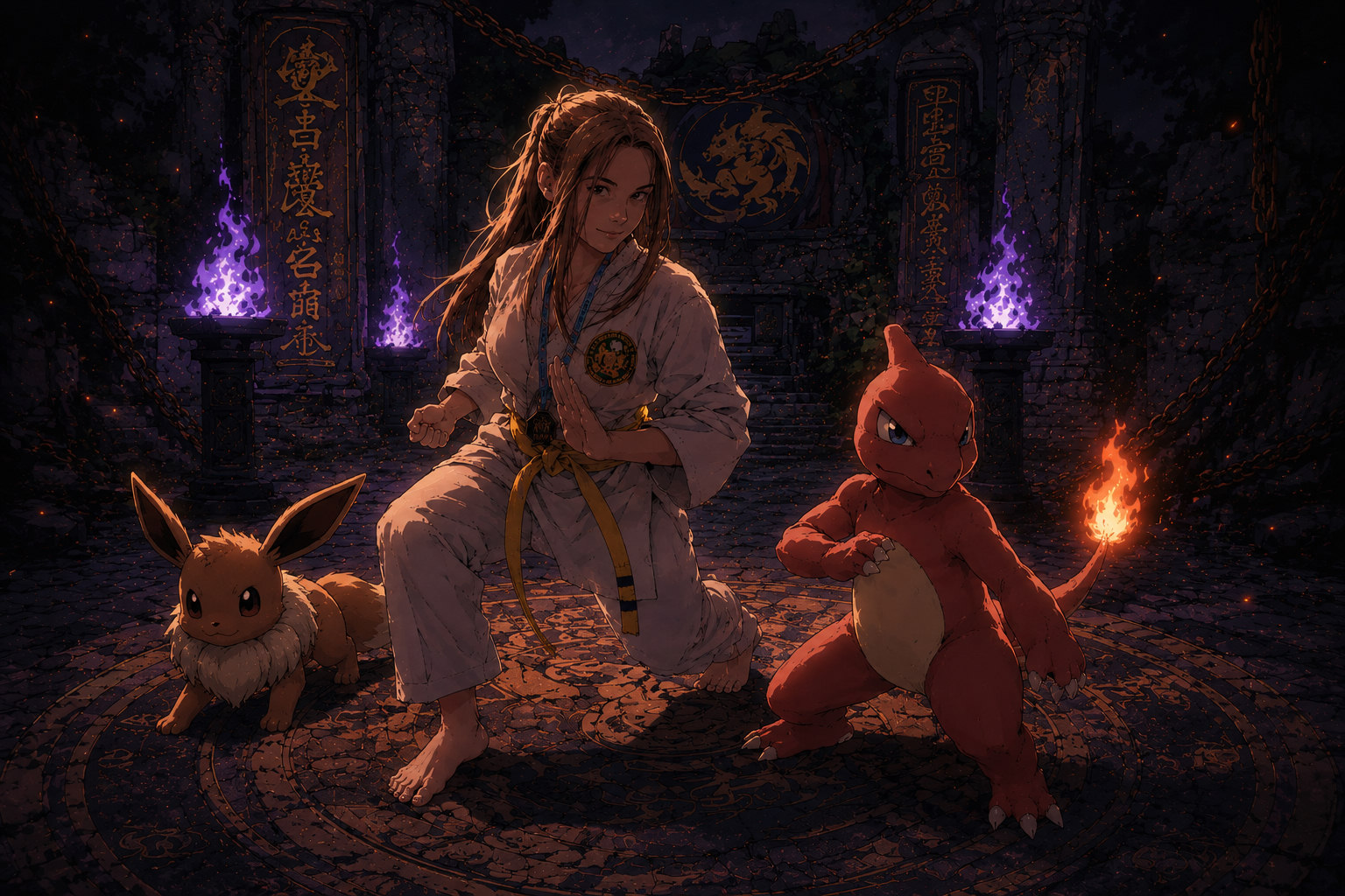Arte da Ju de dobok e faixa amarela em um templo, ao lado de um Eevee e um Charmeleon