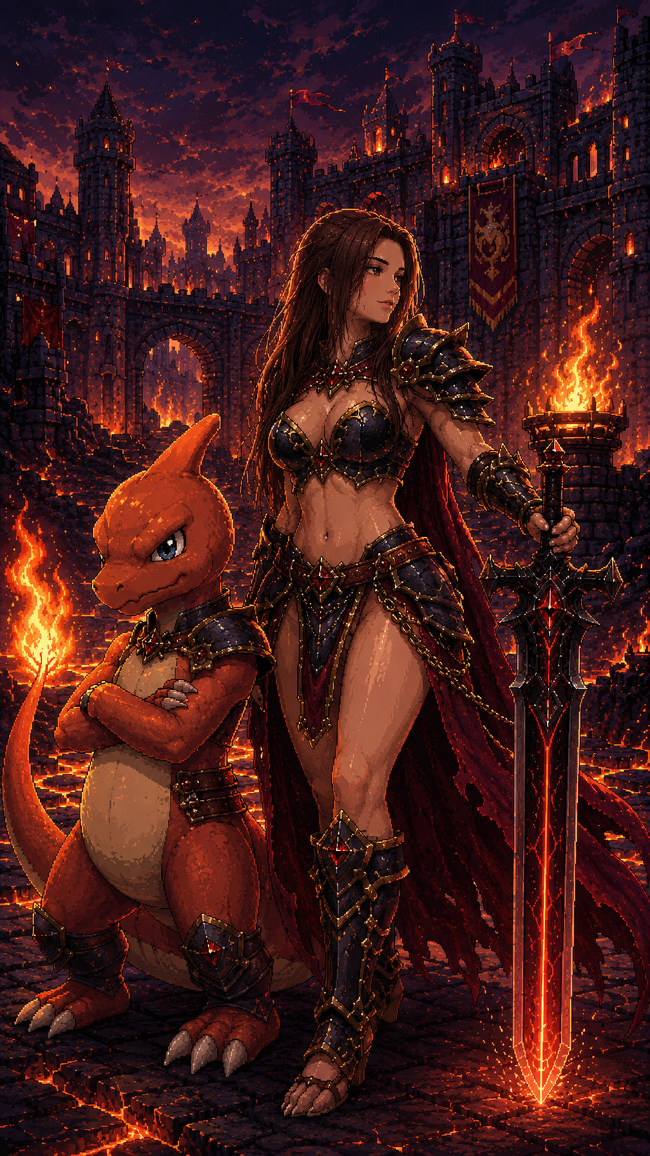 Arte da Ju como guerreira de armadura ao lado de um Charmeleon, em um castelo em chamas